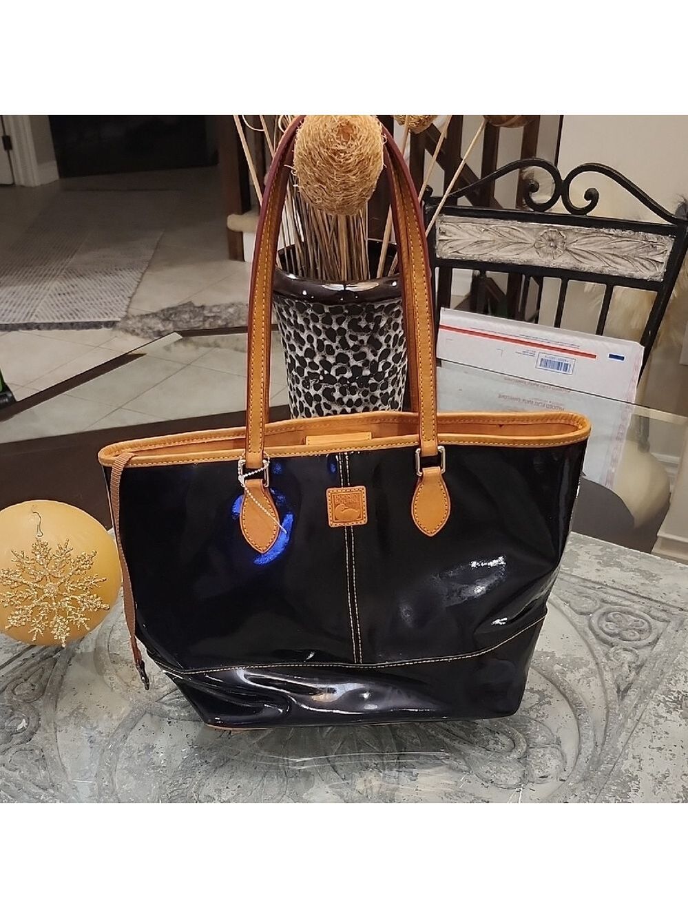 Dooney & Bourke Black and Tan Patent Leather Women's Tote Shoulder Bag